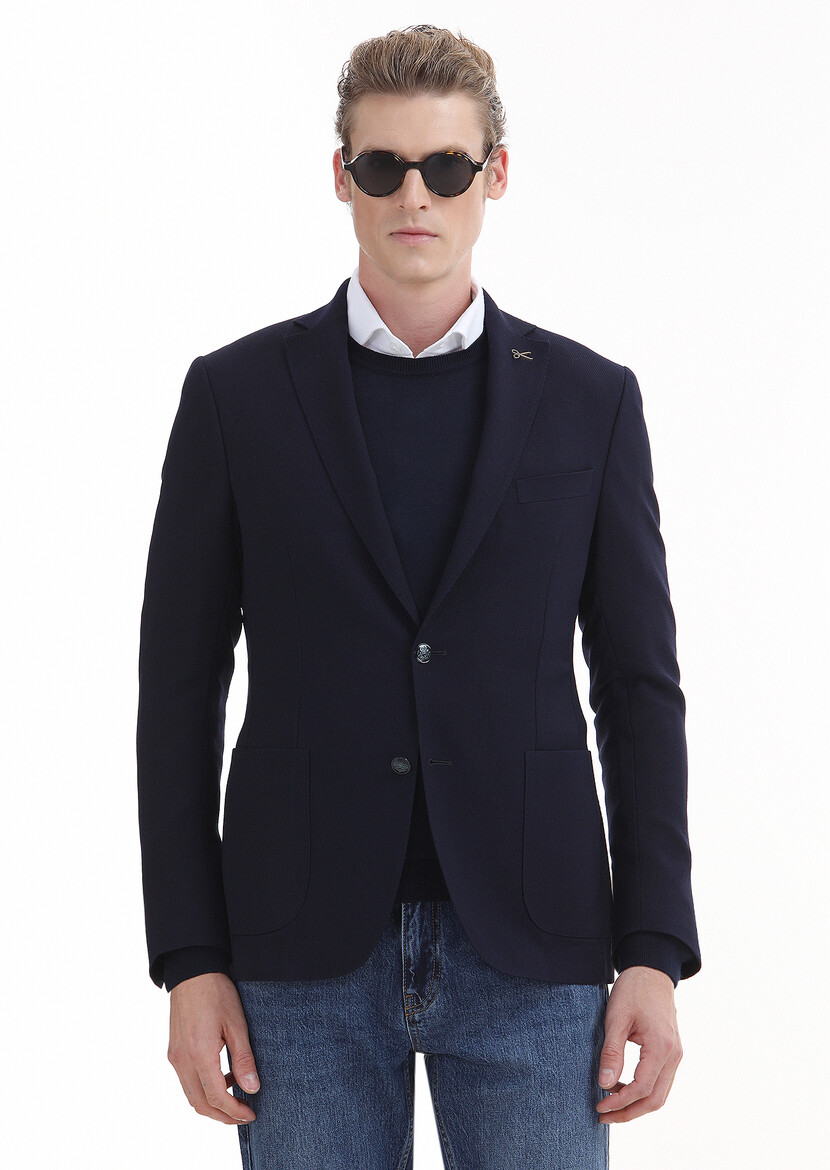 Navy Blue Plain Zeroweight Slim Fit 100% Wool Jacket - 1