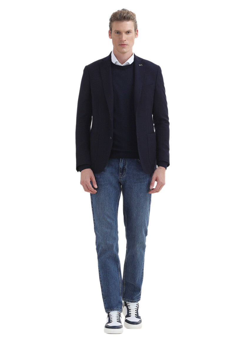 Navy Blue Plain Zeroweight Slim Fit 100% Wool Jacket - 2