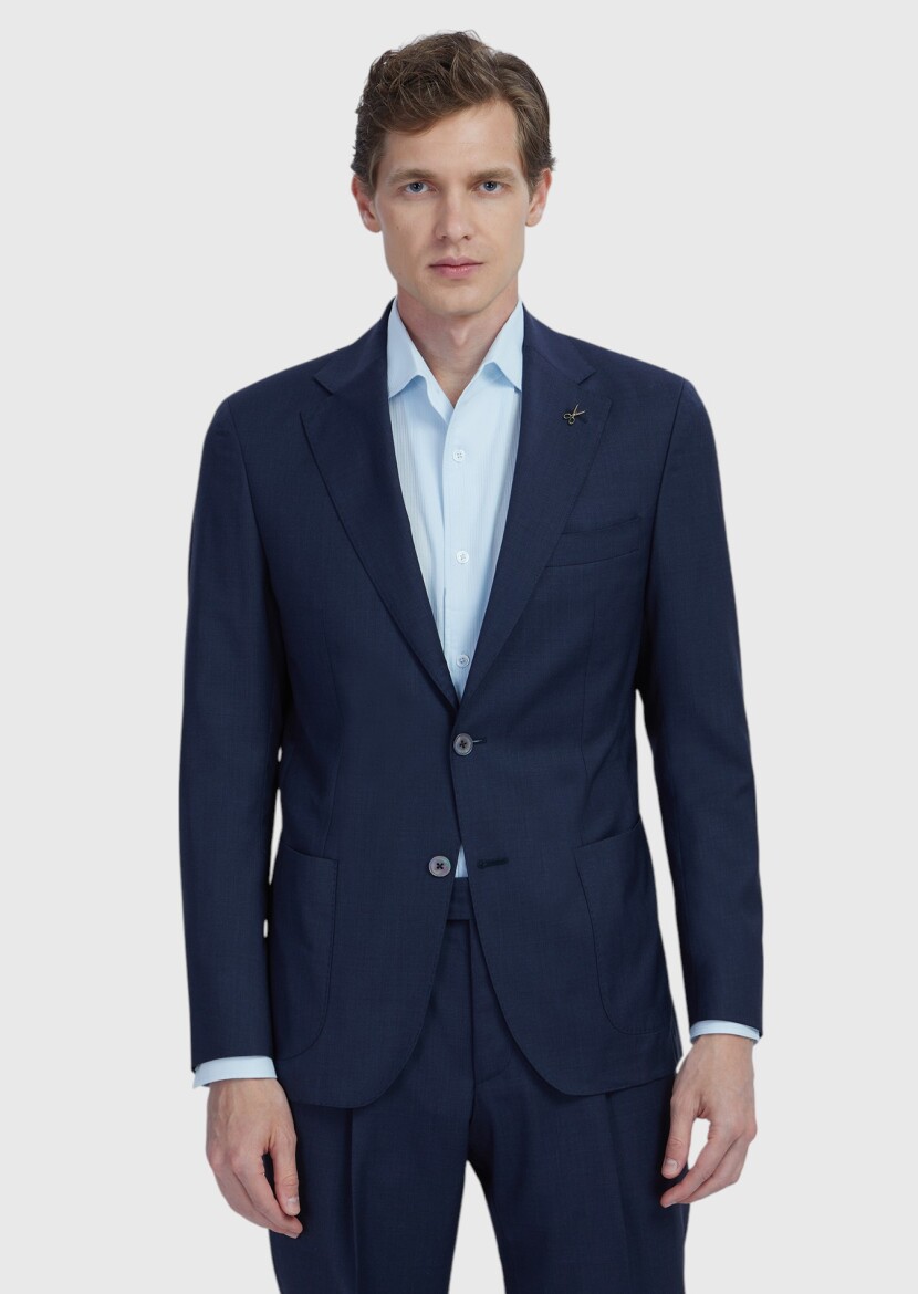 Navy Blue Plain Zeroweight Slim Fit 100% Wool Jacket - RAMSEY