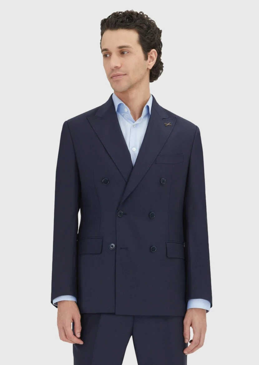 Navy Blue Plain Zeroweight Slim Fit 100% Wool Suit - 3