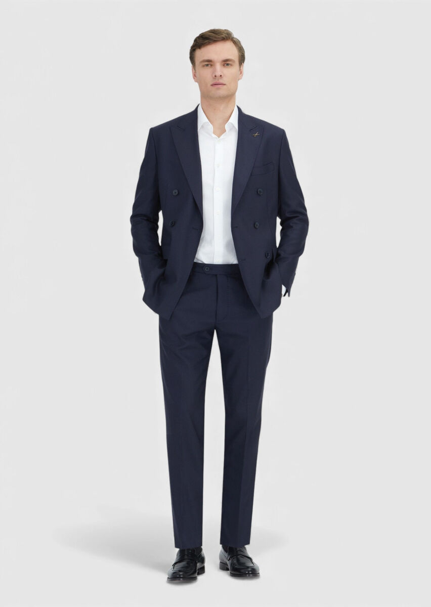 Navy Blue Plain Zeroweight Slim Fit 100% Wool Suit - 1