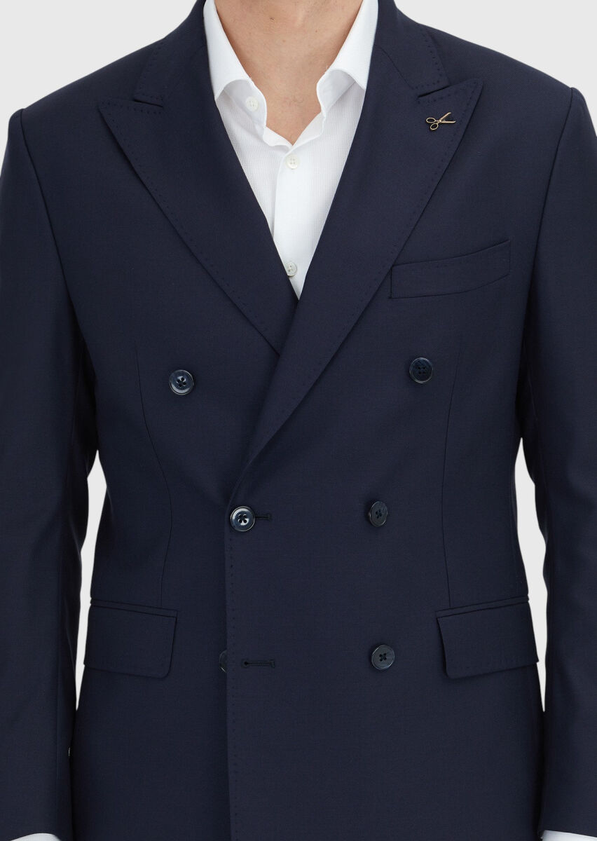 Navy Blue Plain Zeroweight Slim Fit 100% Wool Suit - 3