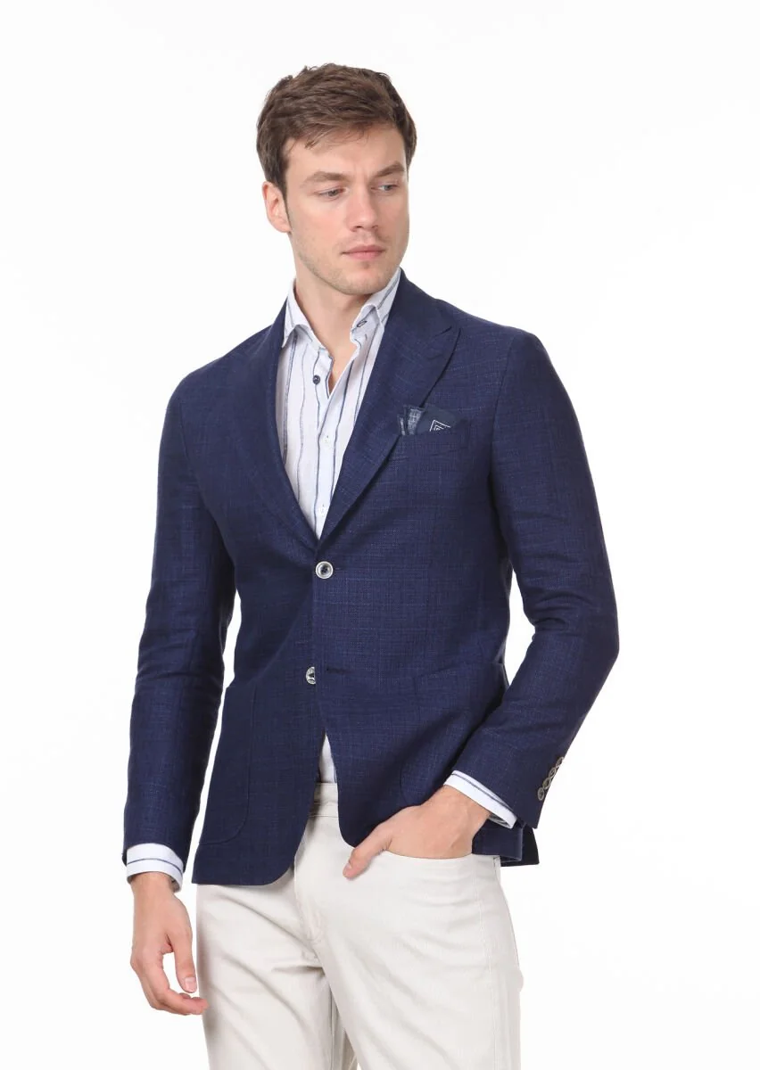 Navy Blue Plain Zeroweight Slim Fit Cotton Blended Jacket - 1