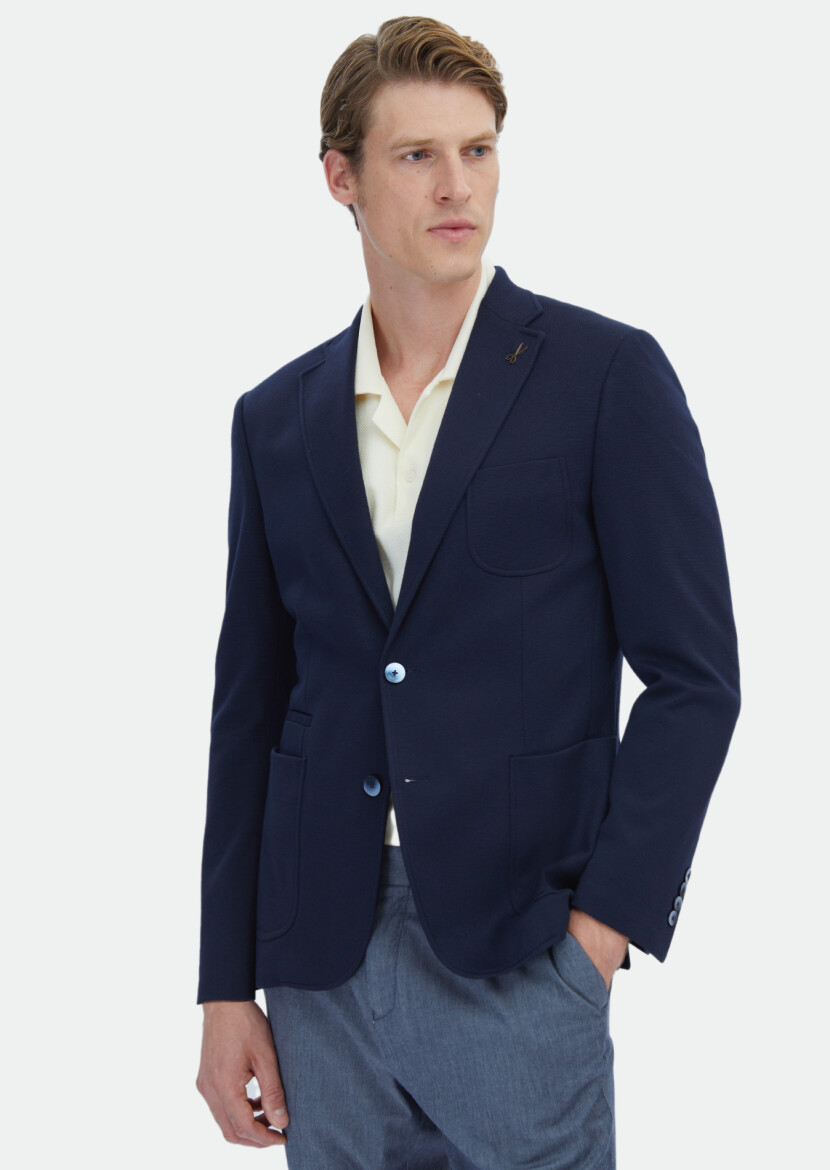 Navy Blue Plain Zeroweight Slim Fit Cotton Blended Jacket - 1