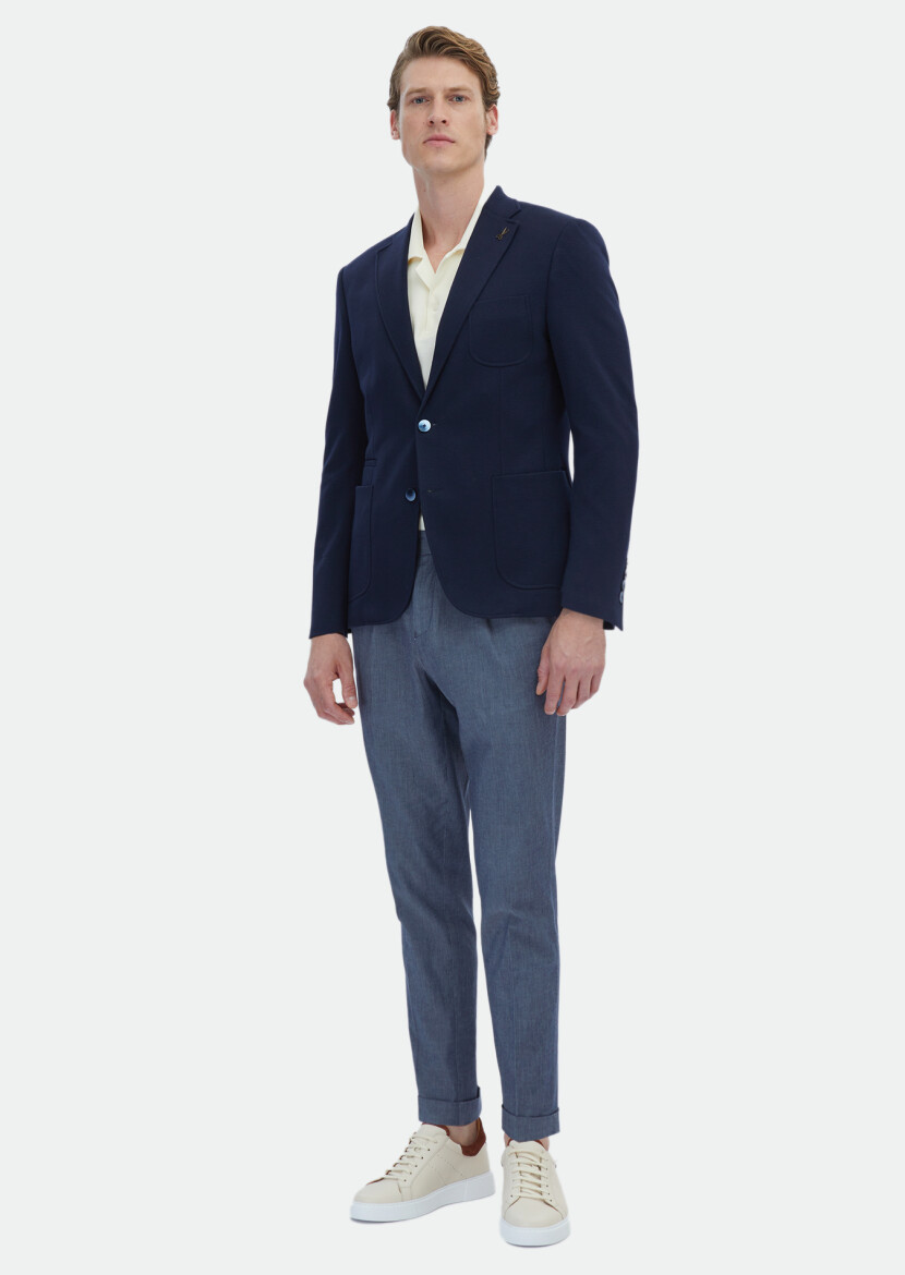 Navy Blue Plain Zeroweight Slim Fit Cotton Blended Jacket - 2