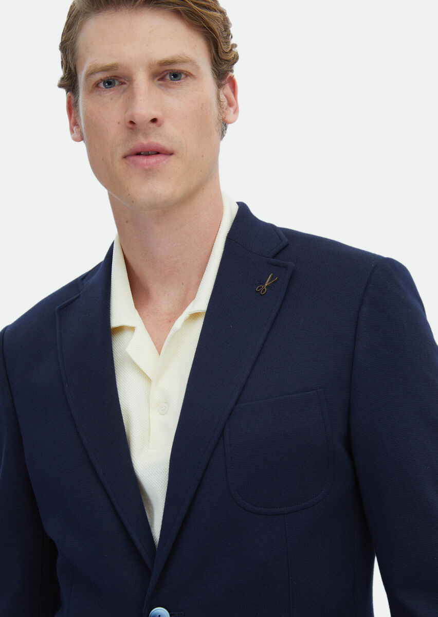 Navy Blue Plain Zeroweight Slim Fit Cotton Blended Jacket - 3