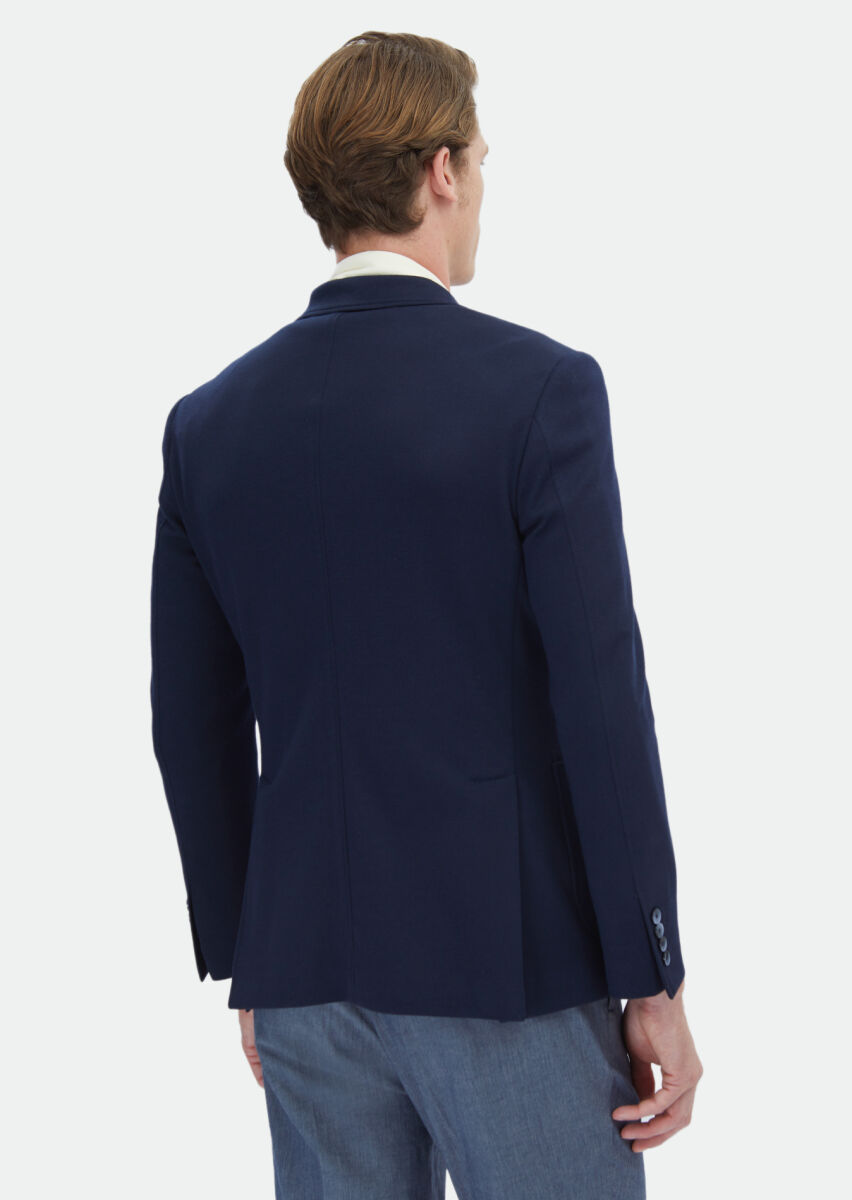 Navy Blue Plain Zeroweight Slim Fit Cotton Blended Jacket - 5