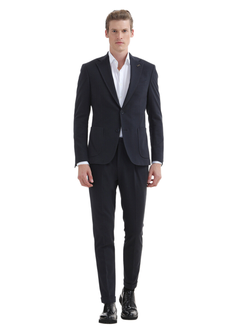 Navy Blue Plain Zeroweight Slim Fit Cotton Blended Suit - RAMSEY