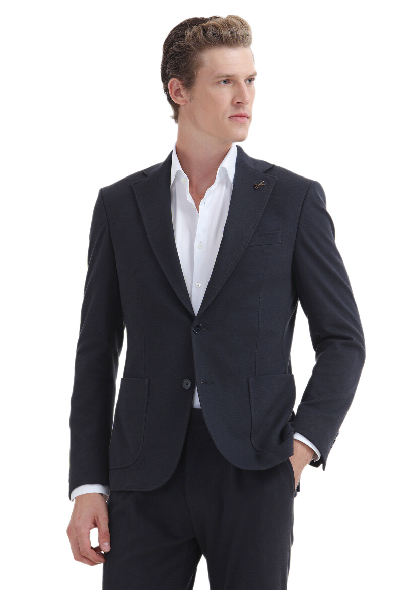 Navy Blue Plain Zeroweight Slim Fit Cotton Blended Suit - RAMSEY