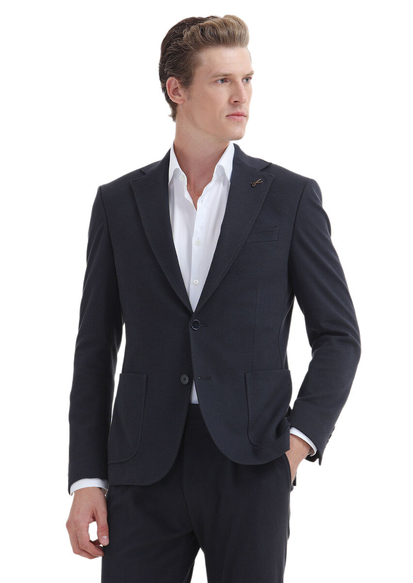 Navy Blue Plain Zeroweight Slim Fit Cotton Blended Suit - 2