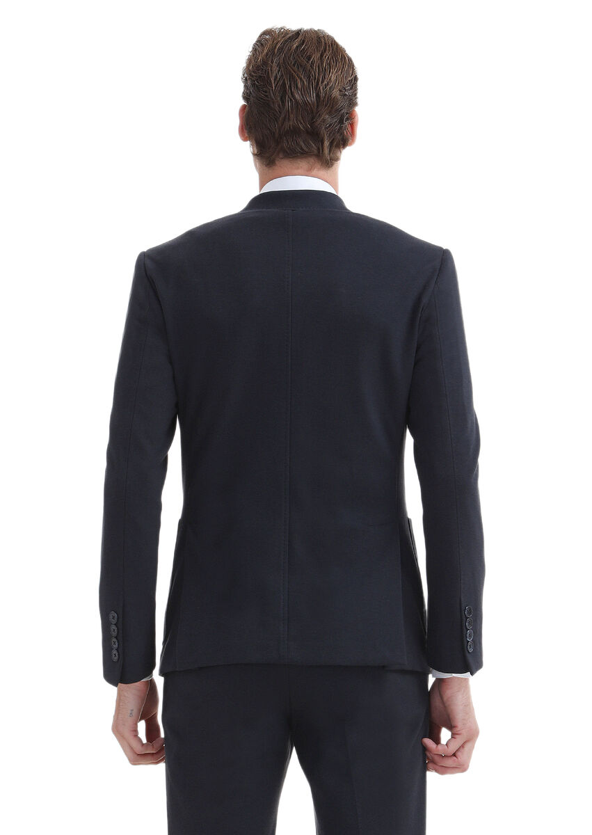 Navy Blue Plain Zeroweight Slim Fit Cotton Blended Suit - 7