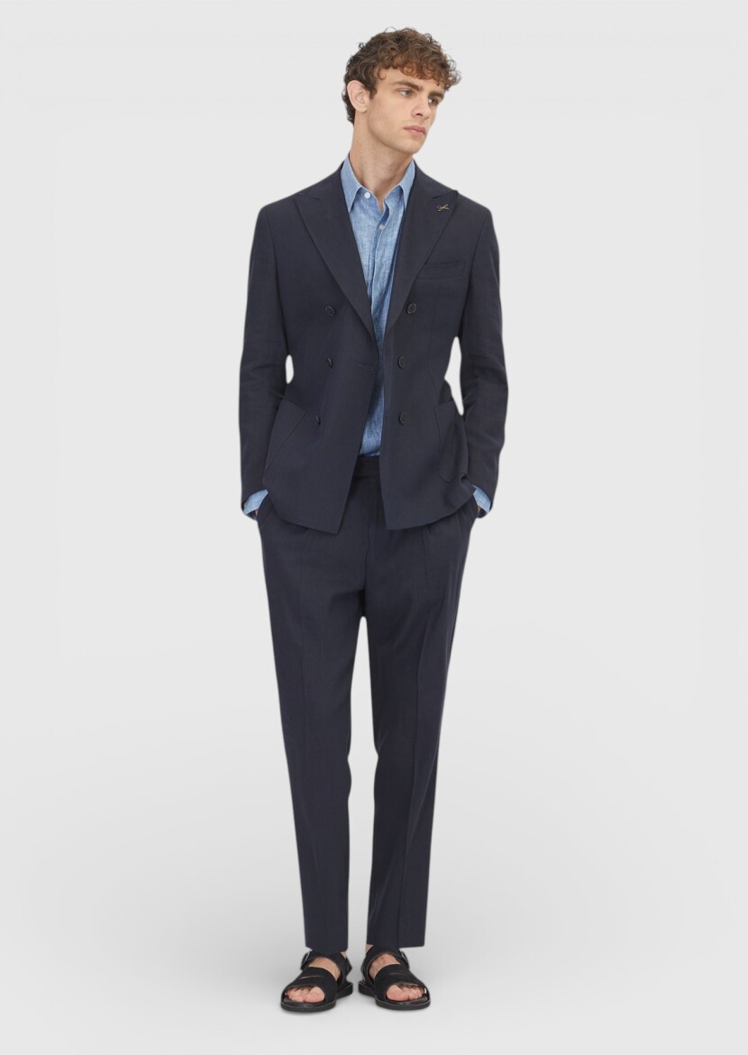 Navy Blue Plain Zeroweight Slim Fit Linen Blended Suit - 2