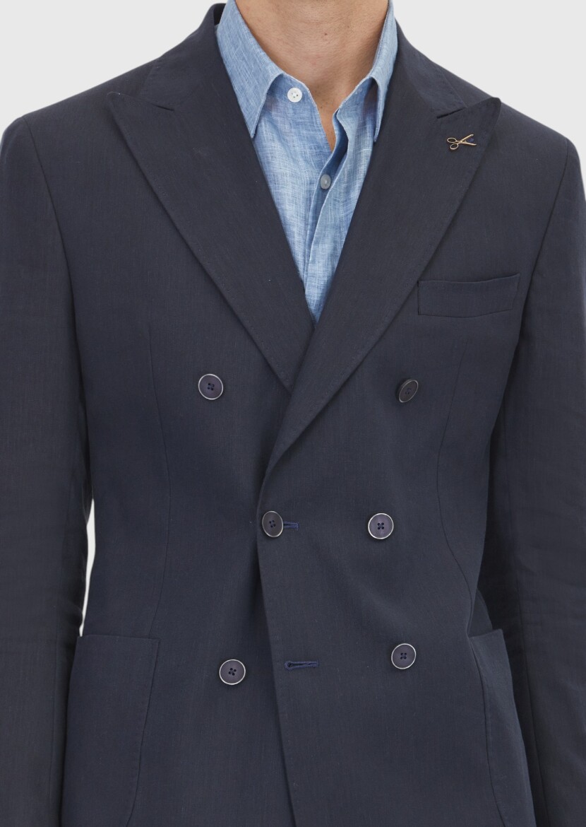 Navy Blue Plain Zeroweight Slim Fit Linen Blended Suit - 5