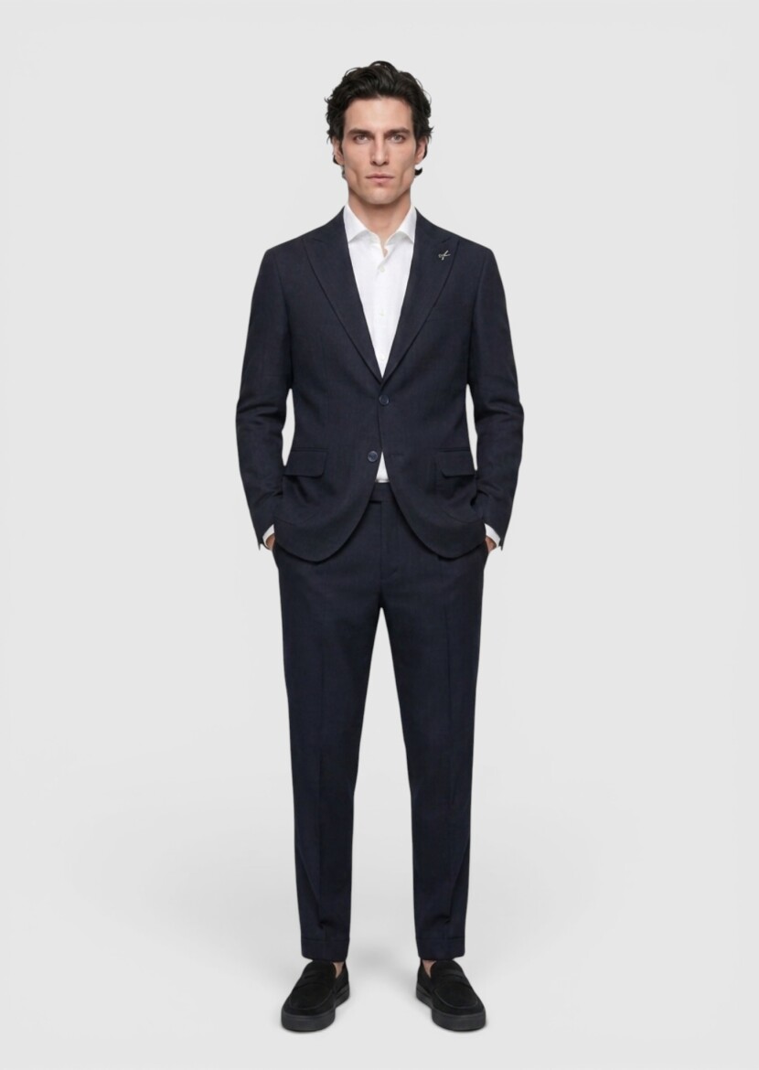 Navy Blue Plain Zeroweight Slim Fit Linen Blended Suit - RAMSEY