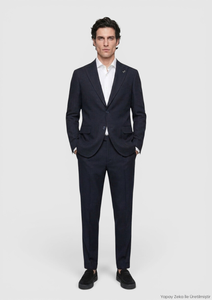 Navy Blue Plain Zeroweight Slim Fit Linen Blended Suit - RAMSEY