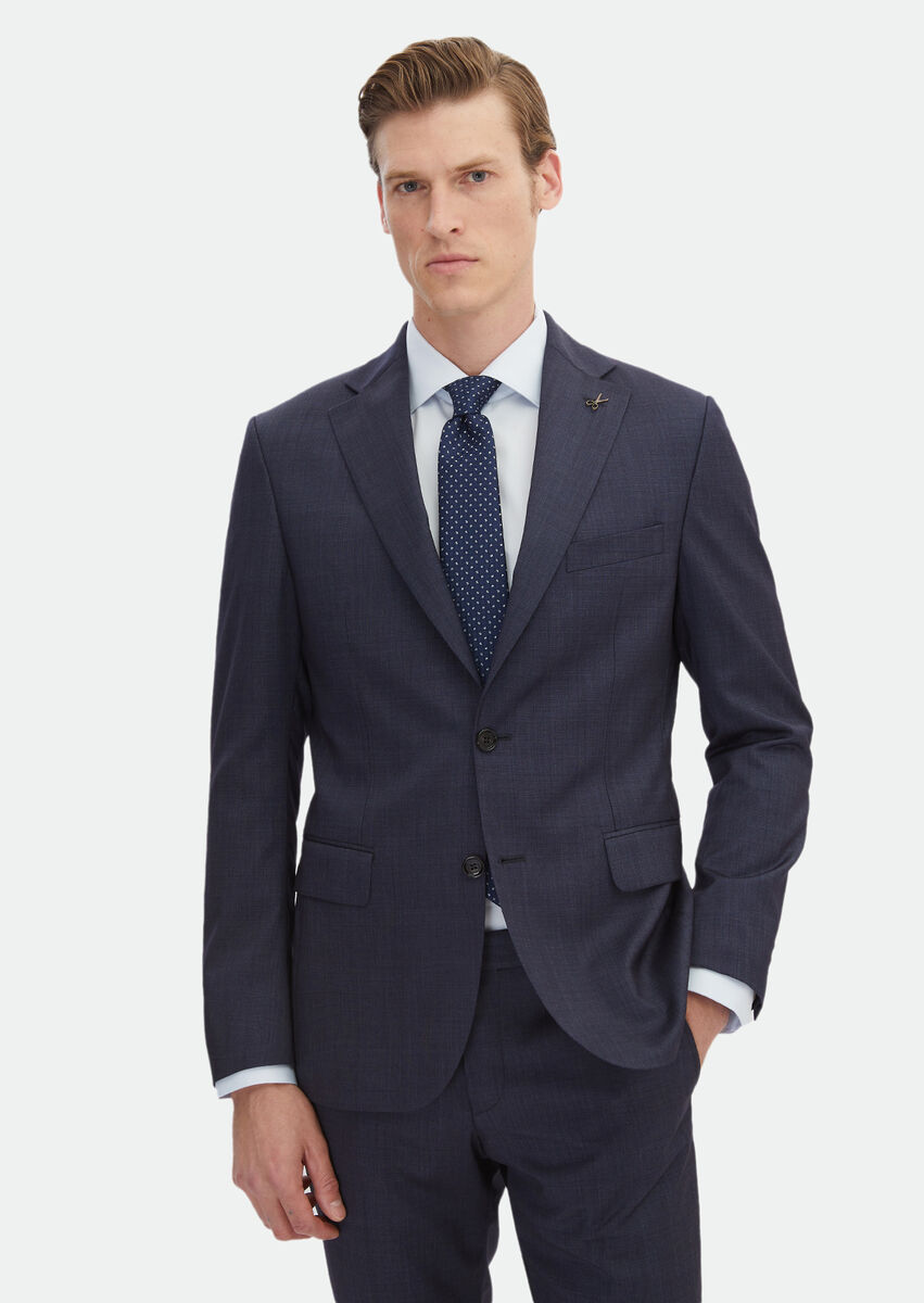 Navy Blue Plain Zeroweight Slim Fit Silk Blended Suit - 1