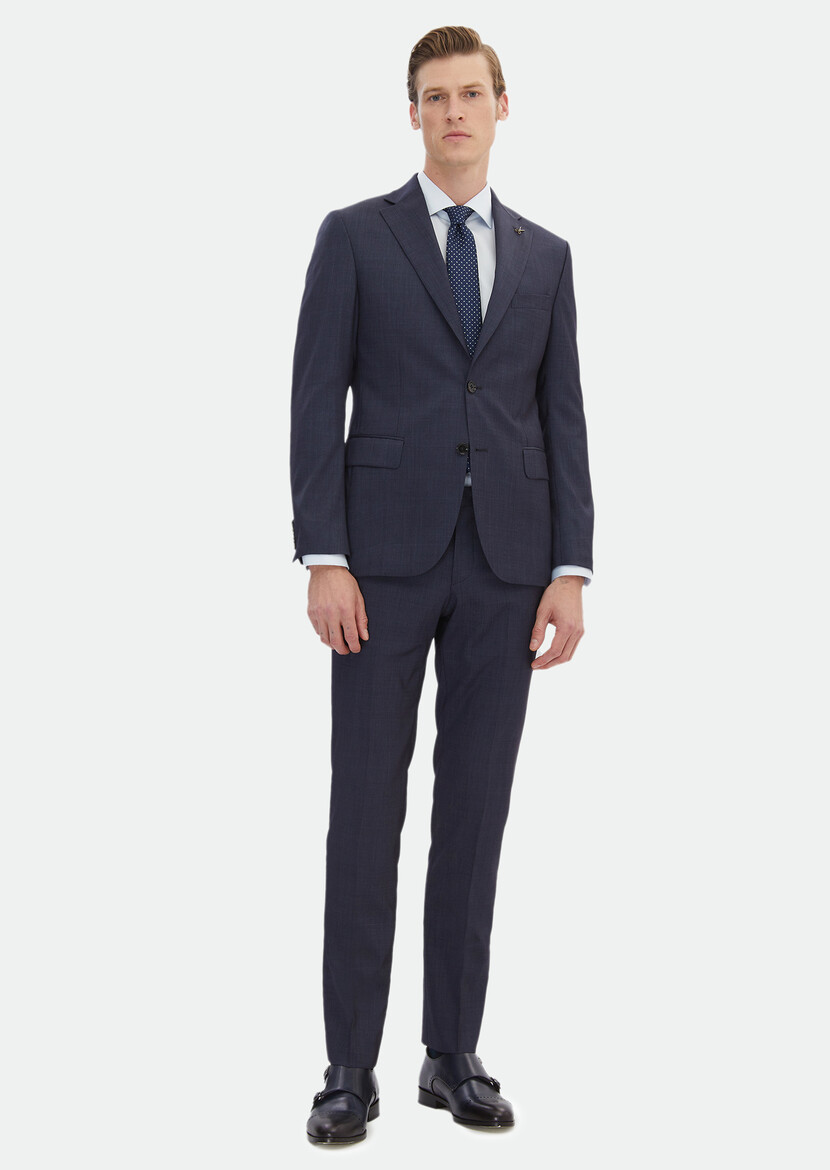 Navy Blue Plain Zeroweight Slim Fit Silk Blended Suit - 2