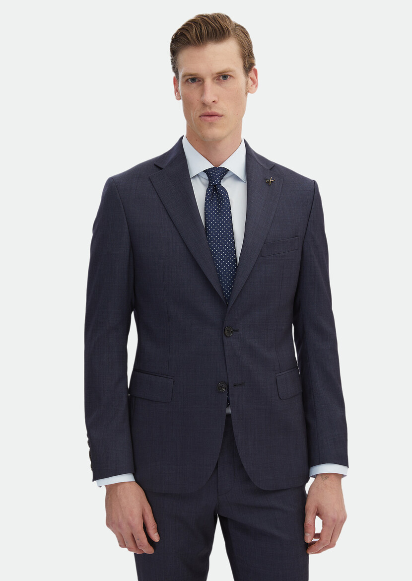 Navy Blue Plain Zeroweight Slim Fit Silk Blended Suit - 3