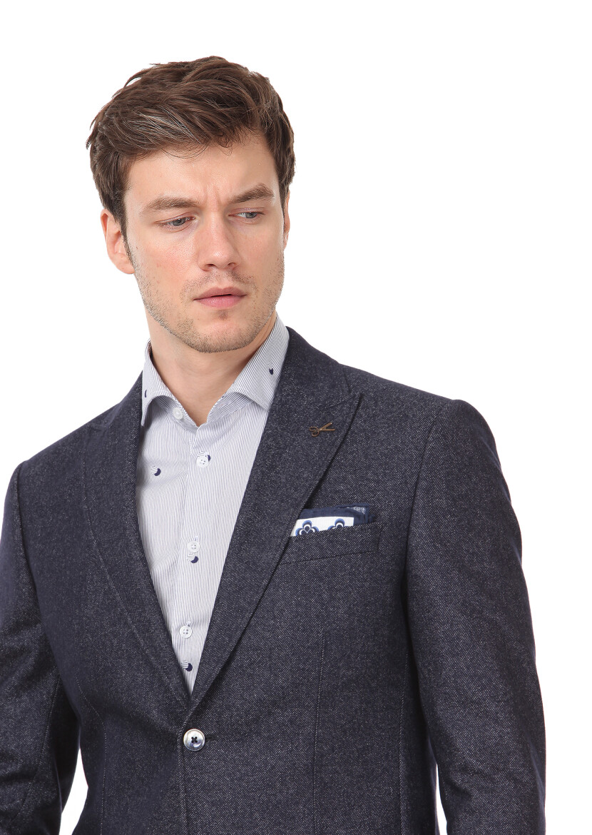 Navy Blue Plain Zeroweight Slim Fit Wool Blended Jacket - 2