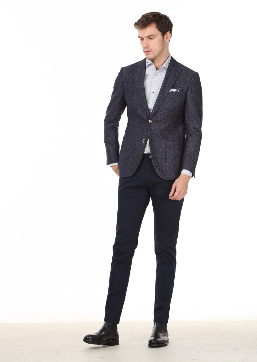 Navy Blue Plain Zeroweight Slim Fit Wool Blended Jacket - 3