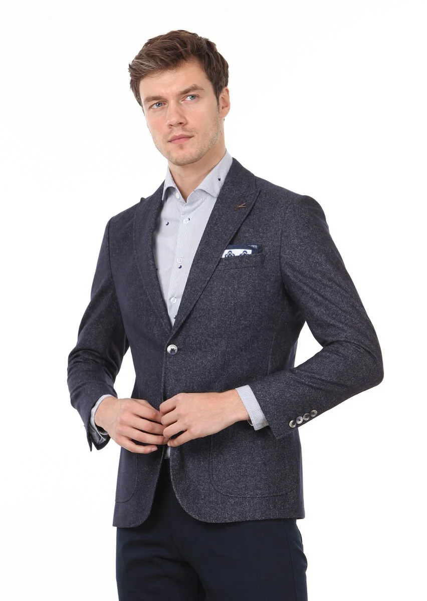 Navy Blue Plain Zeroweight Slim Fit Wool Blended Jacket - 1