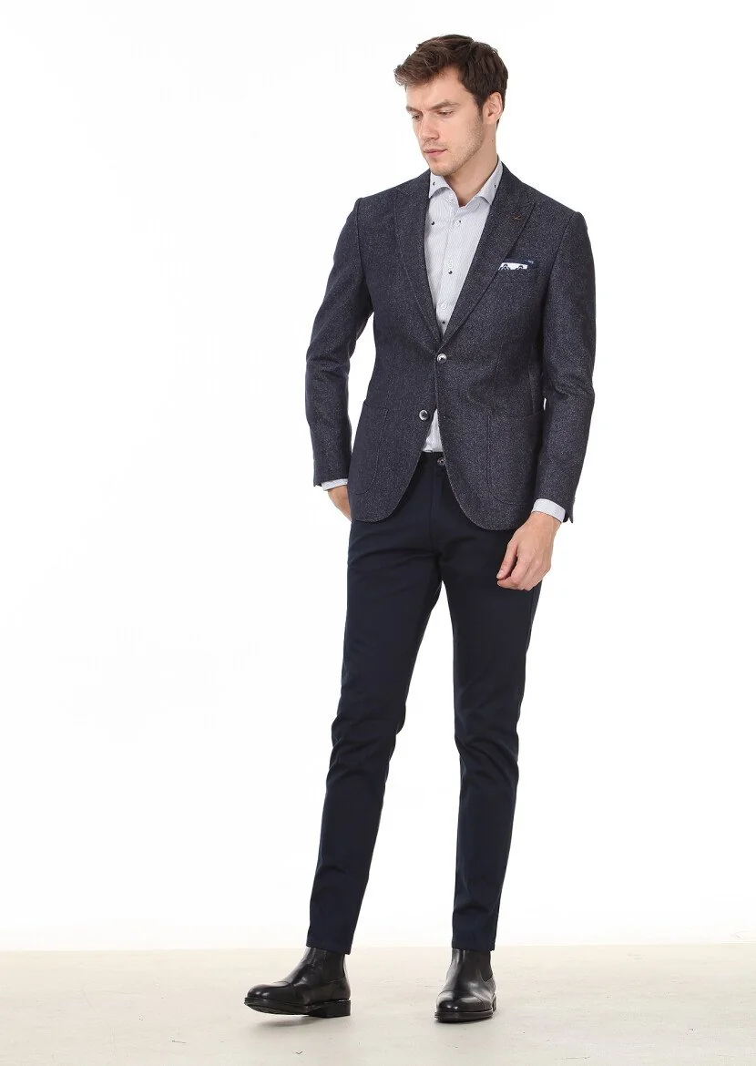 Navy Blue Plain Zeroweight Slim Fit Wool Blended Jacket - 3