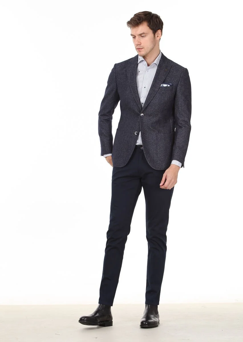 Navy Blue Plain Zeroweight Slim Fit Wool Blended Jacket - 3