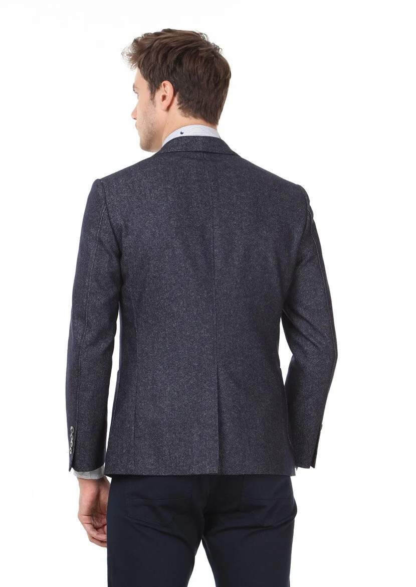 Navy Blue Plain Zeroweight Slim Fit Wool Blended Jacket - 4