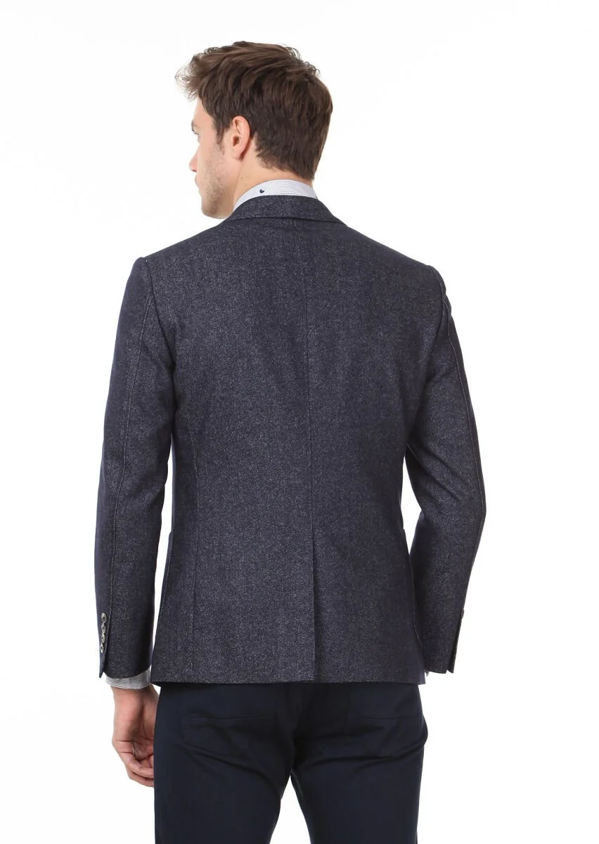 Navy Blue Plain Zeroweight Slim Fit Wool Blended Jacket - 4