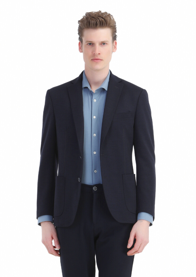 Navy Blue Plain Zeroweight Slim Fit Wool Blended Jacket - 1