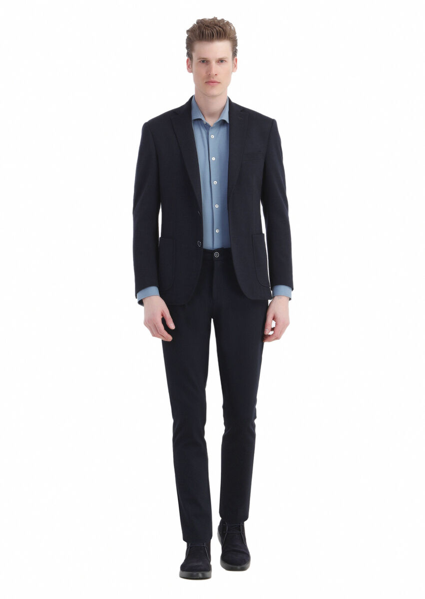 Navy Blue Plain Zeroweight Slim Fit Wool Blended Jacket - 2