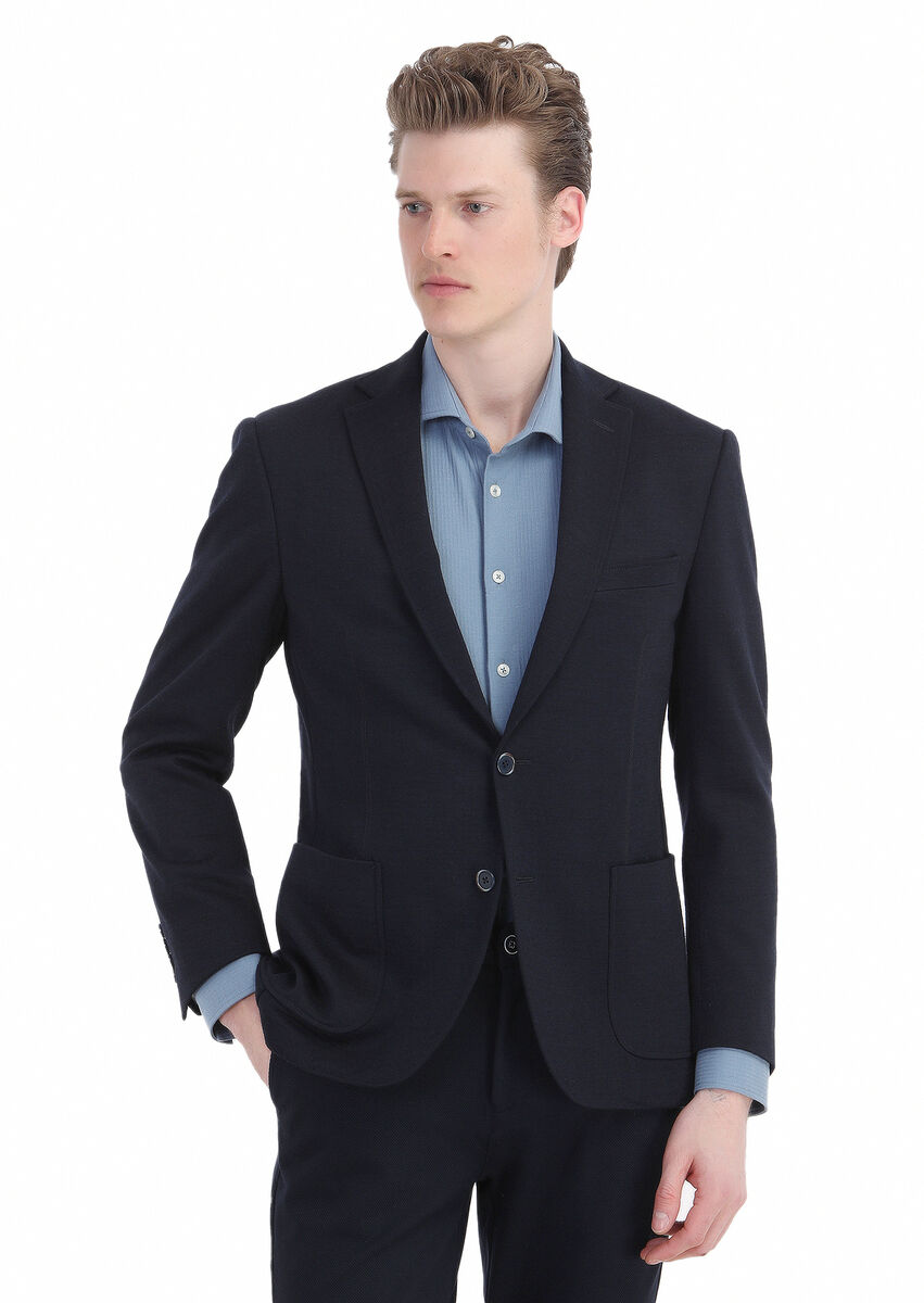 Navy Blue Plain Zeroweight Slim Fit Wool Blended Jacket - 3