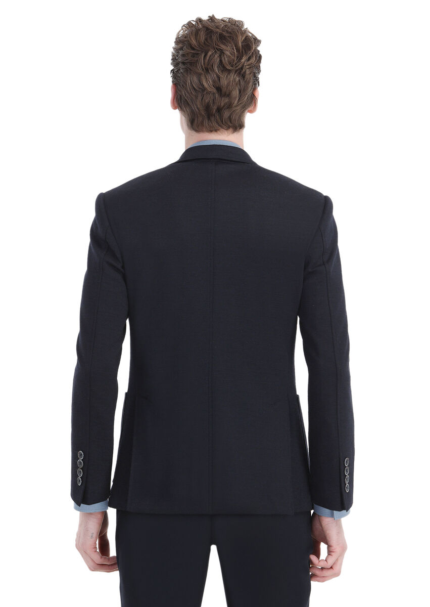 Navy Blue Plain Zeroweight Slim Fit Wool Blended Jacket - 6