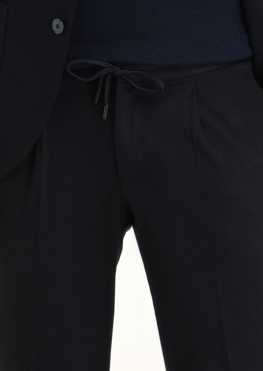 Navy Blue Plain Zeroweight Slim Fit Wool Blended Suit - 3