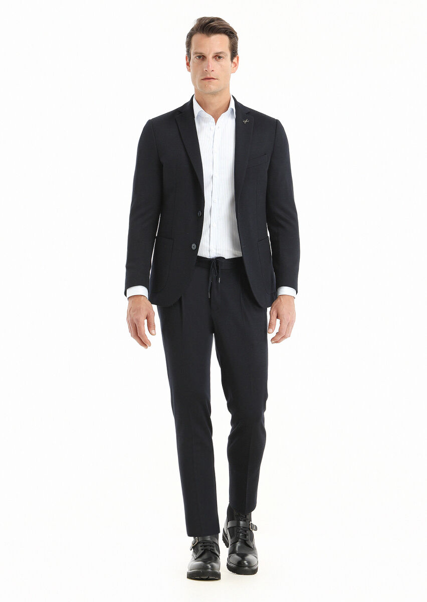 Navy Blue Plain Zeroweight Slim Fit Wool Blended Suit - 2