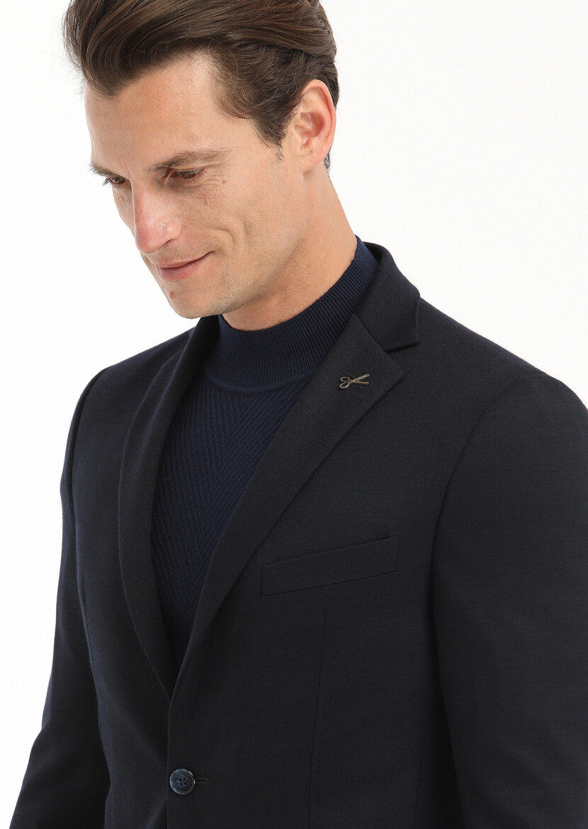 Navy Blue Plain Zeroweight Slim Fit Wool Blended Suit - 3