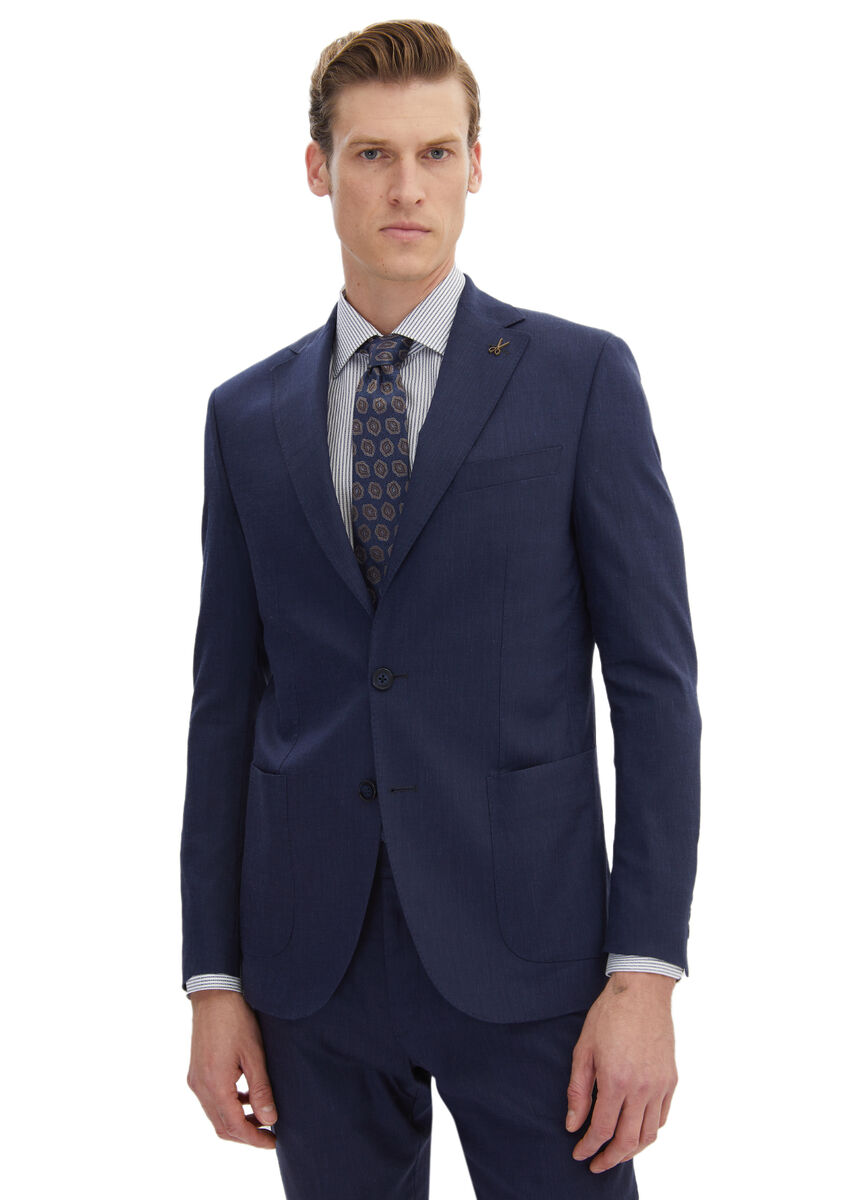 Navy Blue Plain Zeroweight Slim Fit Wool Blended Suit - 1