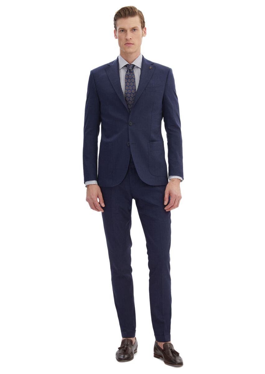 Navy Blue Plain Zeroweight Slim Fit Wool Blended Suit - 2