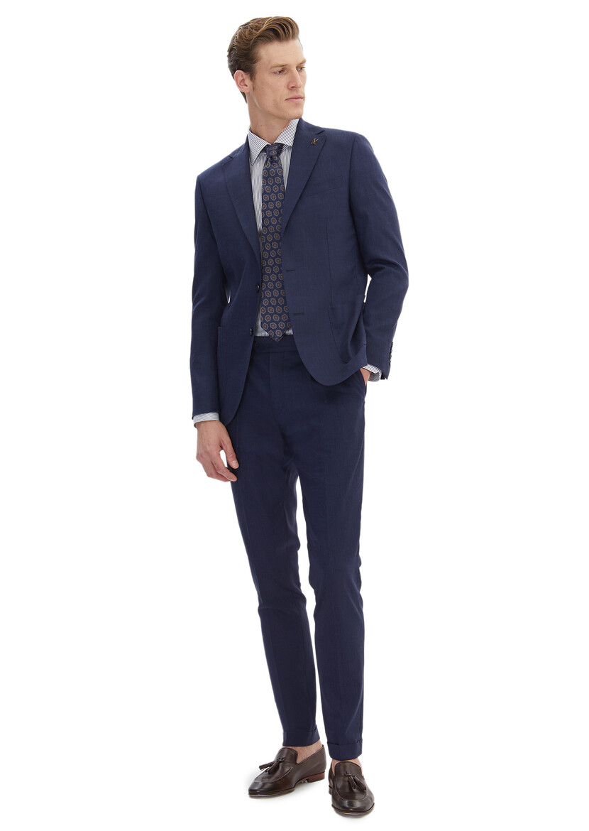 Navy Blue Plain Zeroweight Slim Fit Wool Blended Suit - 3