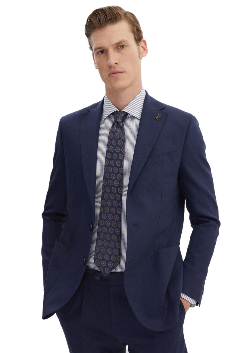 Navy Blue Plain Zeroweight Slim Fit Wool Blended Suit - 4