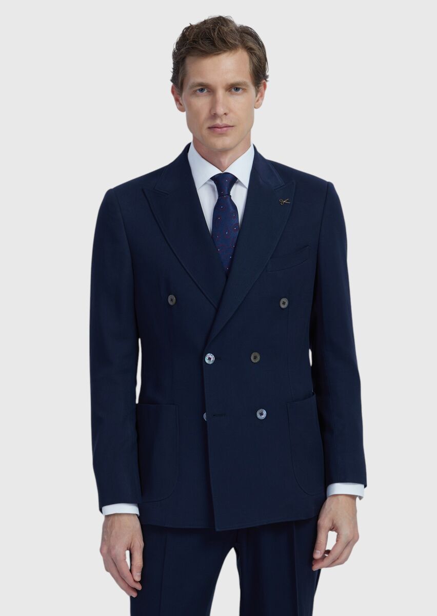 Navy Blue Plain Zeroweight Slim Fit Wool Blended Suit - 1