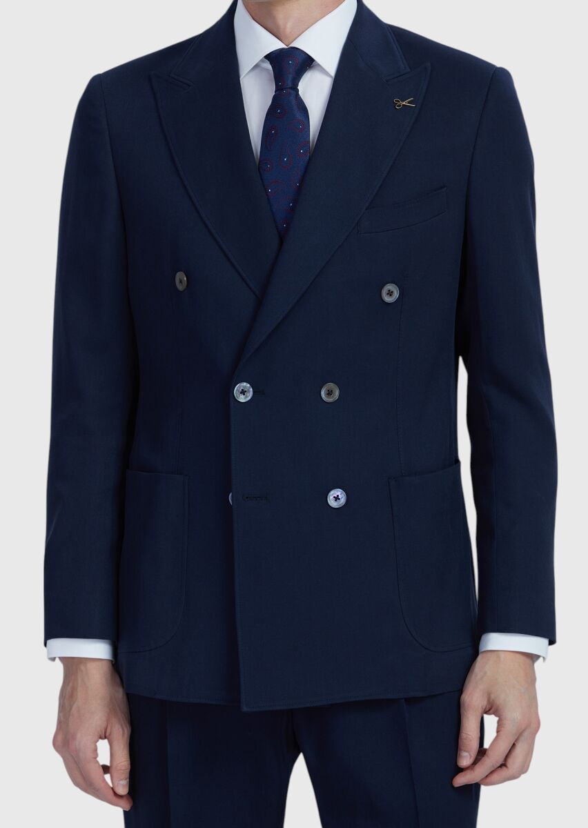 Navy Blue Plain Zeroweight Slim Fit Wool Blended Suit - 5