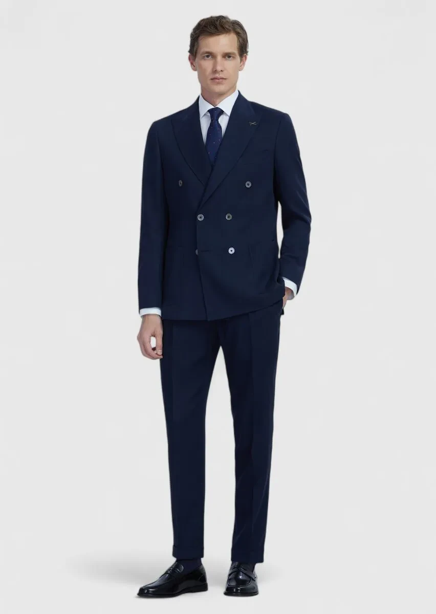 Navy Blue Plain Zeroweight Slim Fit Wool Blended Suit - 2