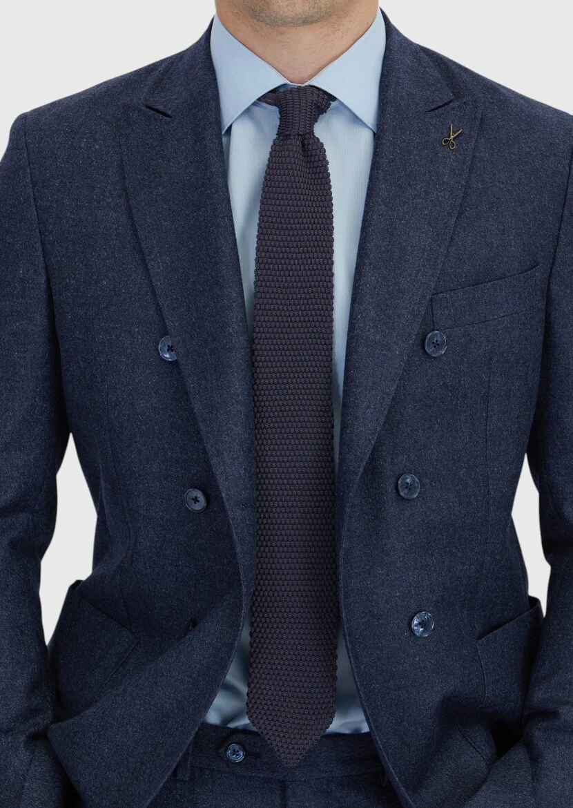 Navy Blue Plain Zeroweight Slim Fit Wool Blended Suit - 5