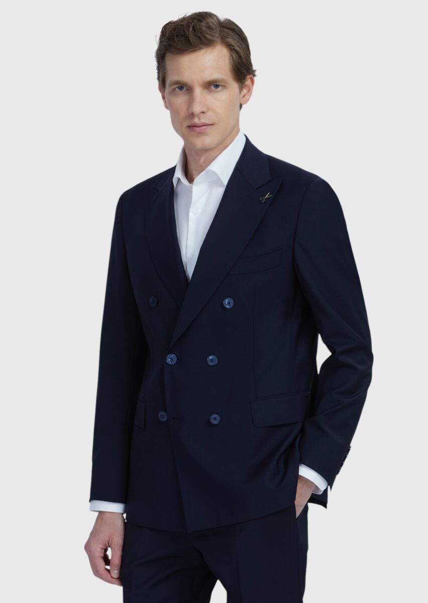 Navy Blue Plain Wool Blended Suit - 1