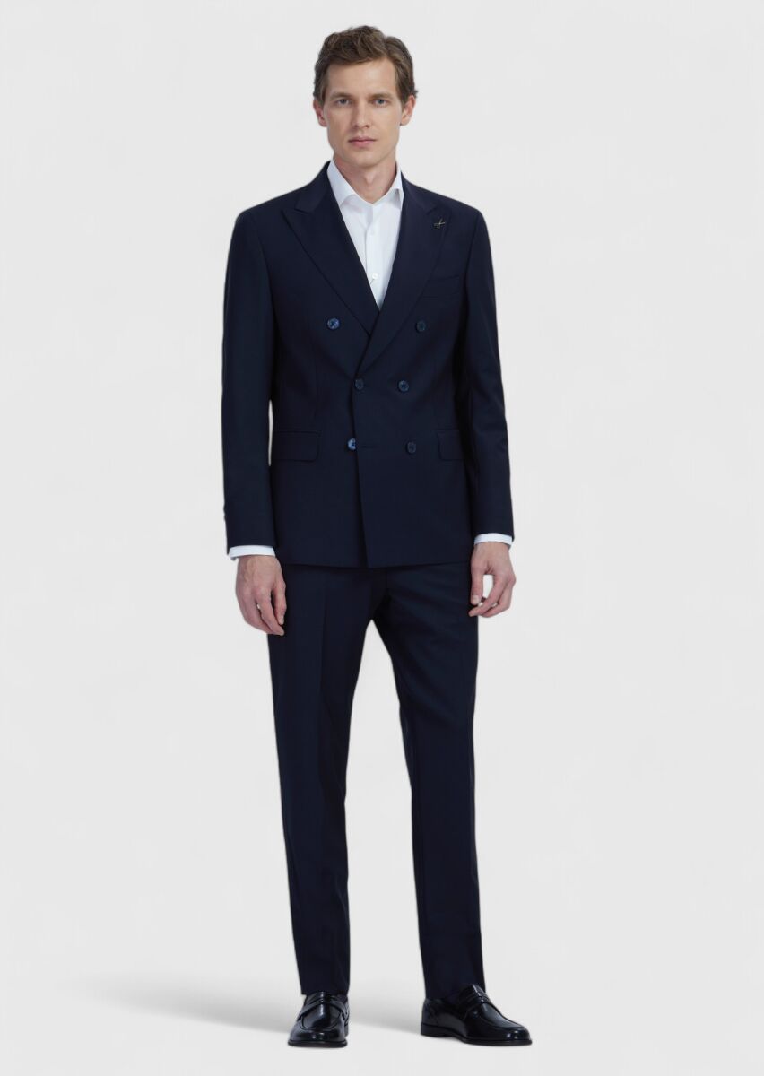 Navy Blue Plain Wool Blended Suit - 2