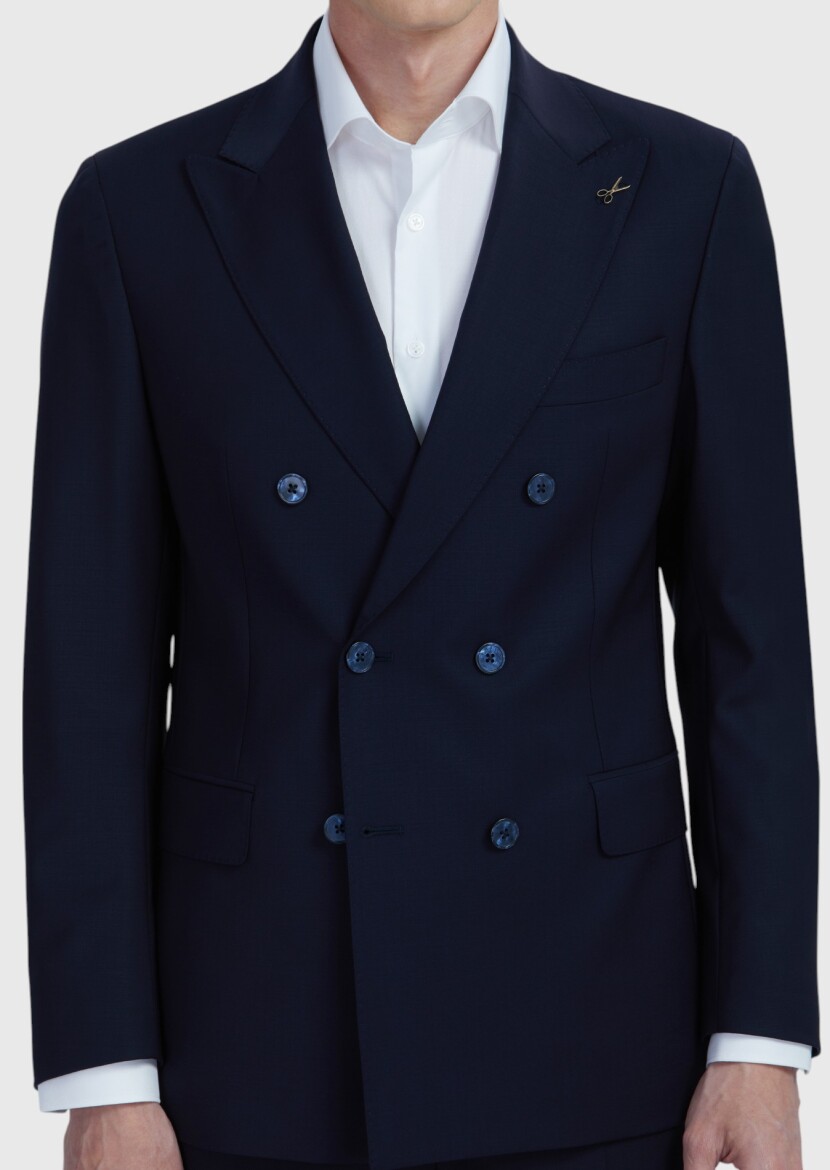 Navy Blue Plain Wool Blended Suit - 3