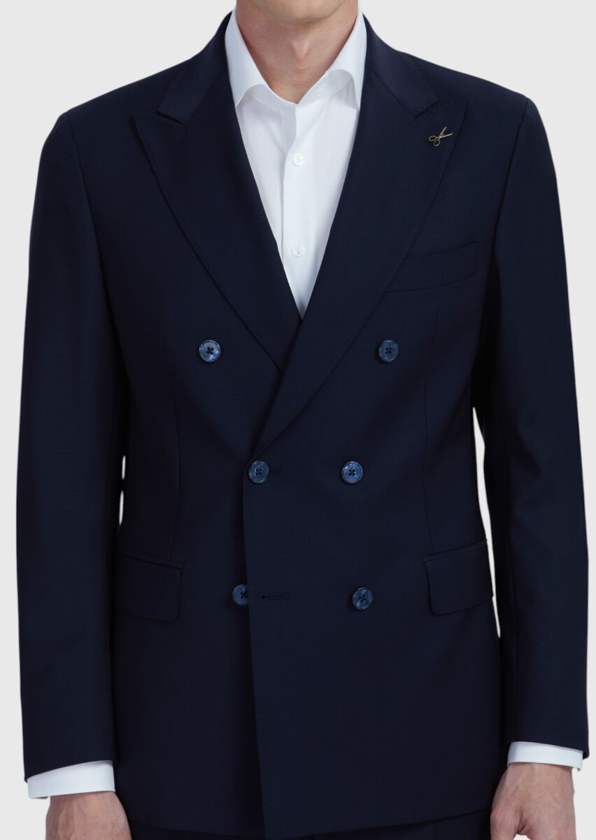 Navy Blue Plain Wool Blended Suit - 3