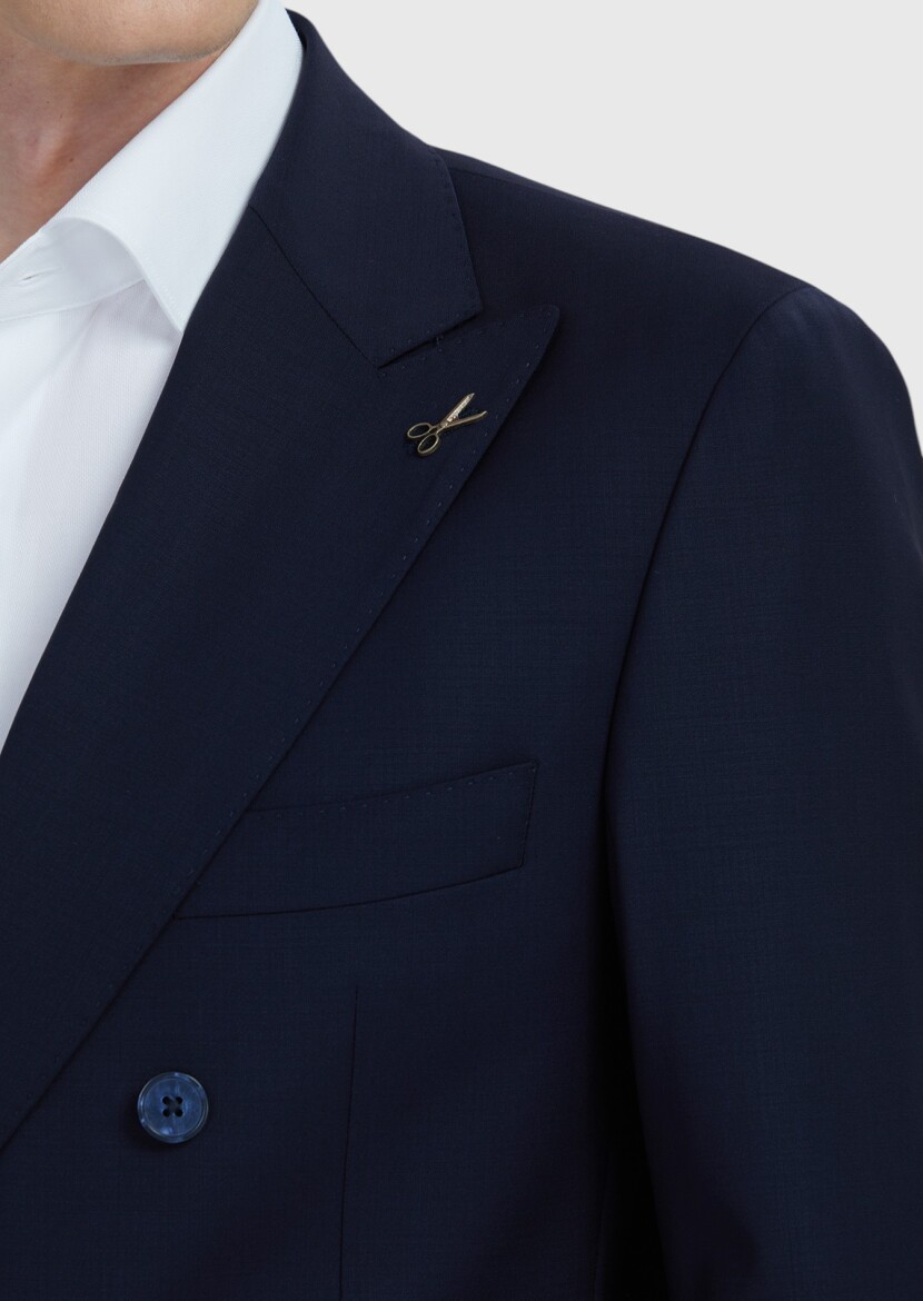 Navy Blue Plain Wool Blended Suit - 4