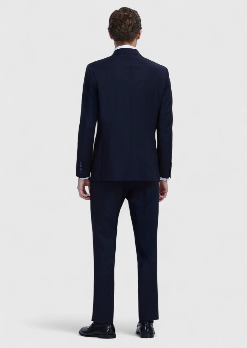 Navy Blue Plain Wool Blended Suit - 5